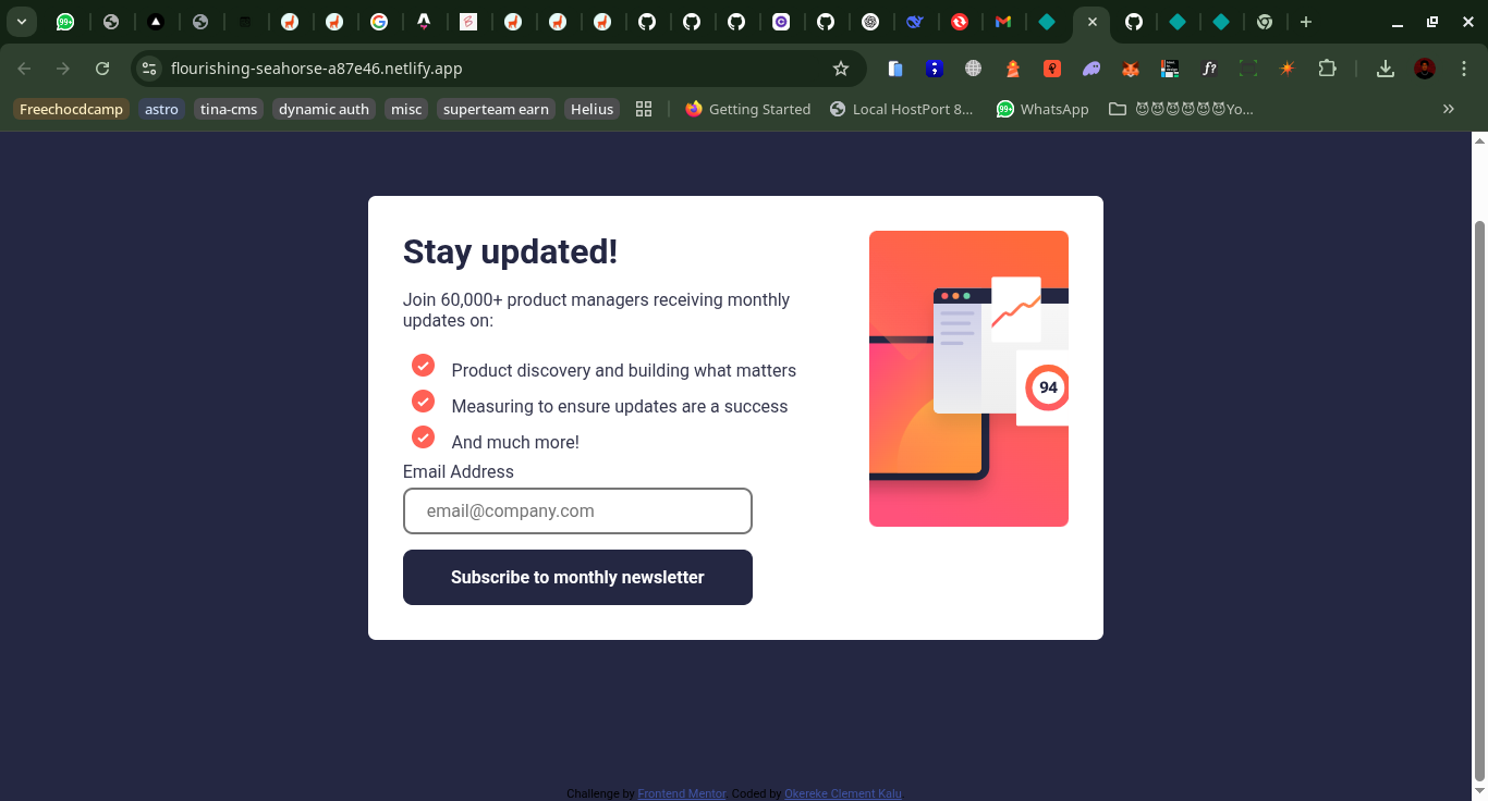 Screenshot of Newsletter Sign up with success message project